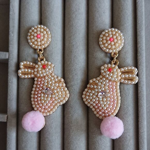 Bunny Rabbit Beaded Dangle Earrings for Easter - Picture 1 of 8